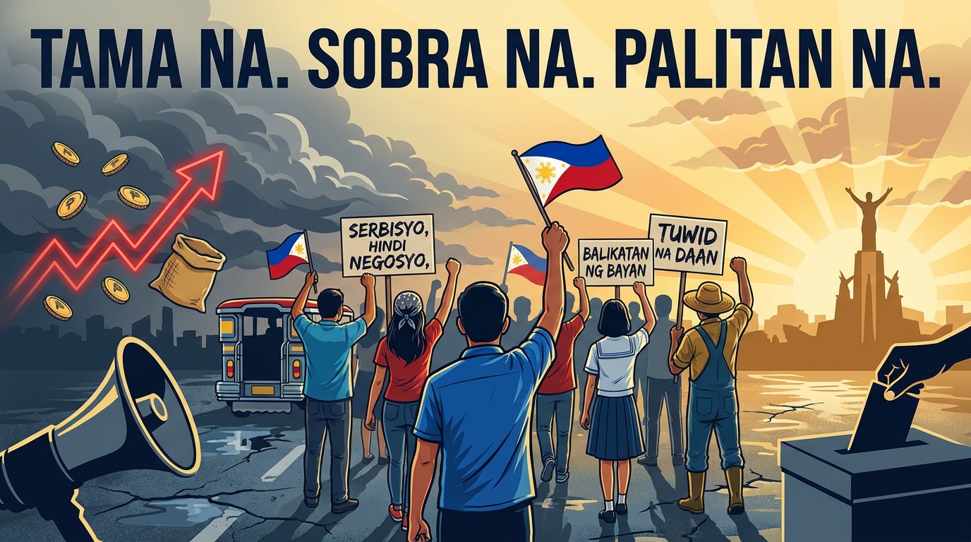 Illustration of Filipinos raising placards and the Philippine flag with the words Tama Na. Sobra Na. Palitan Na., amid rising prices and a sunrise with a ballot box