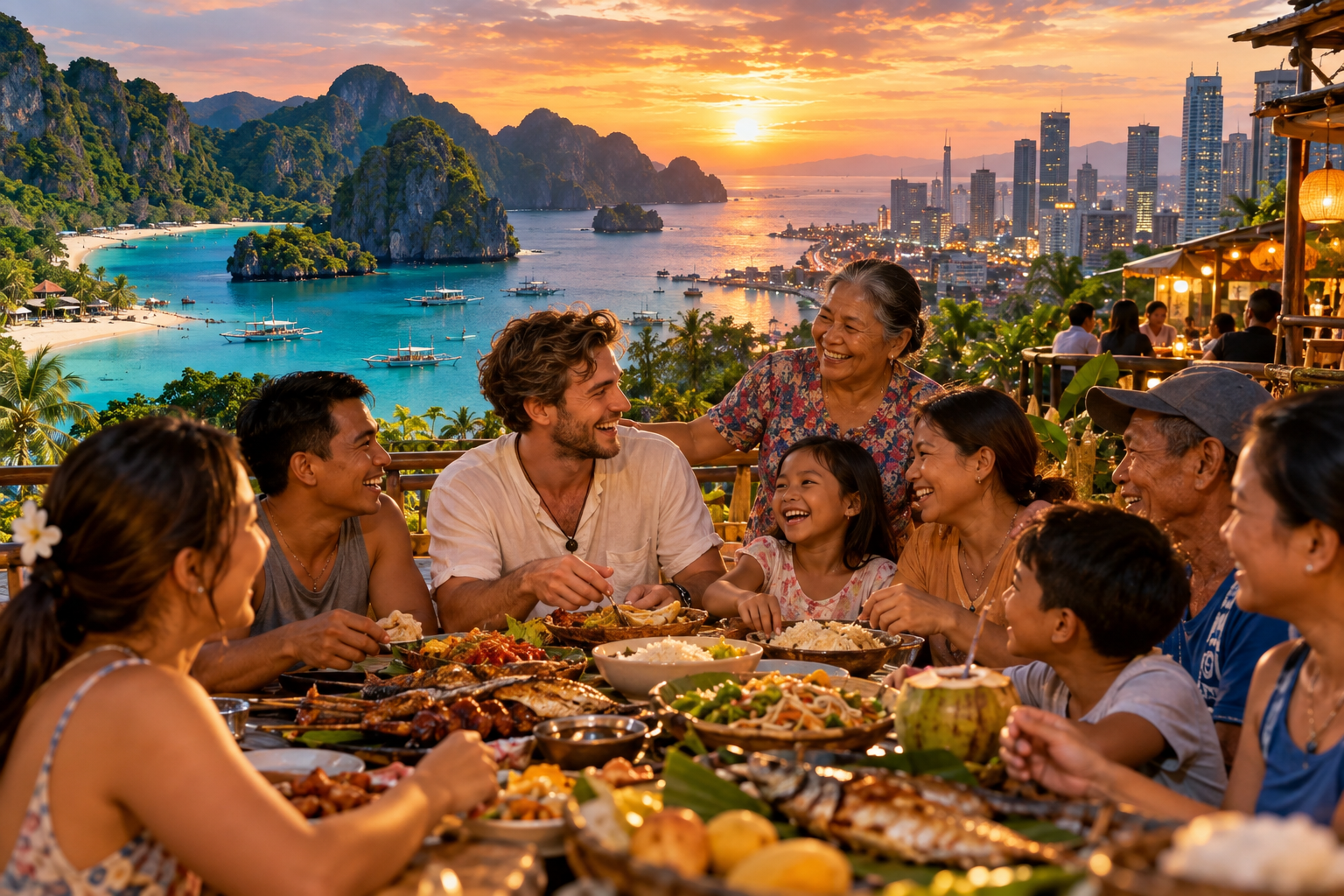 A Filipino family and a foreign guest sharing a sunset feast at a long table overlooking a tropical bay and city skyline