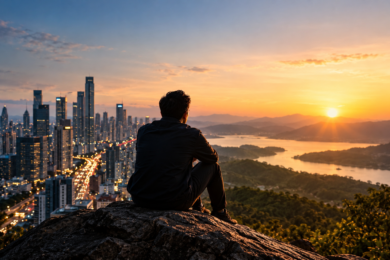 A person sits on a rocky outcrop at sunset, looking out over a glowing city skyline on one side and a calm bay with distant mountains on the other.