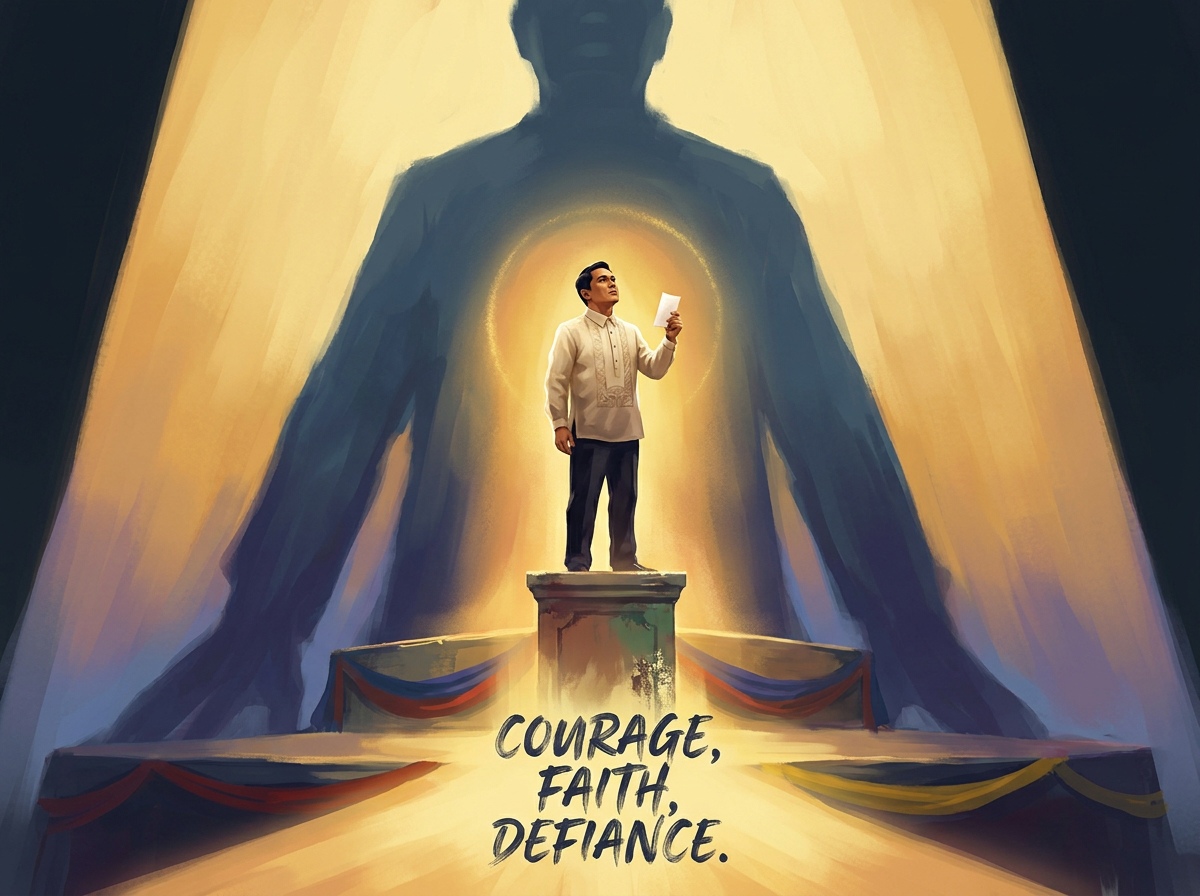 A man in a barong tagalog stands on a stone pedestal holding a small note, backlit by golden light, while a far larger shadow of a man looms behind him — courage, faith, defiance.