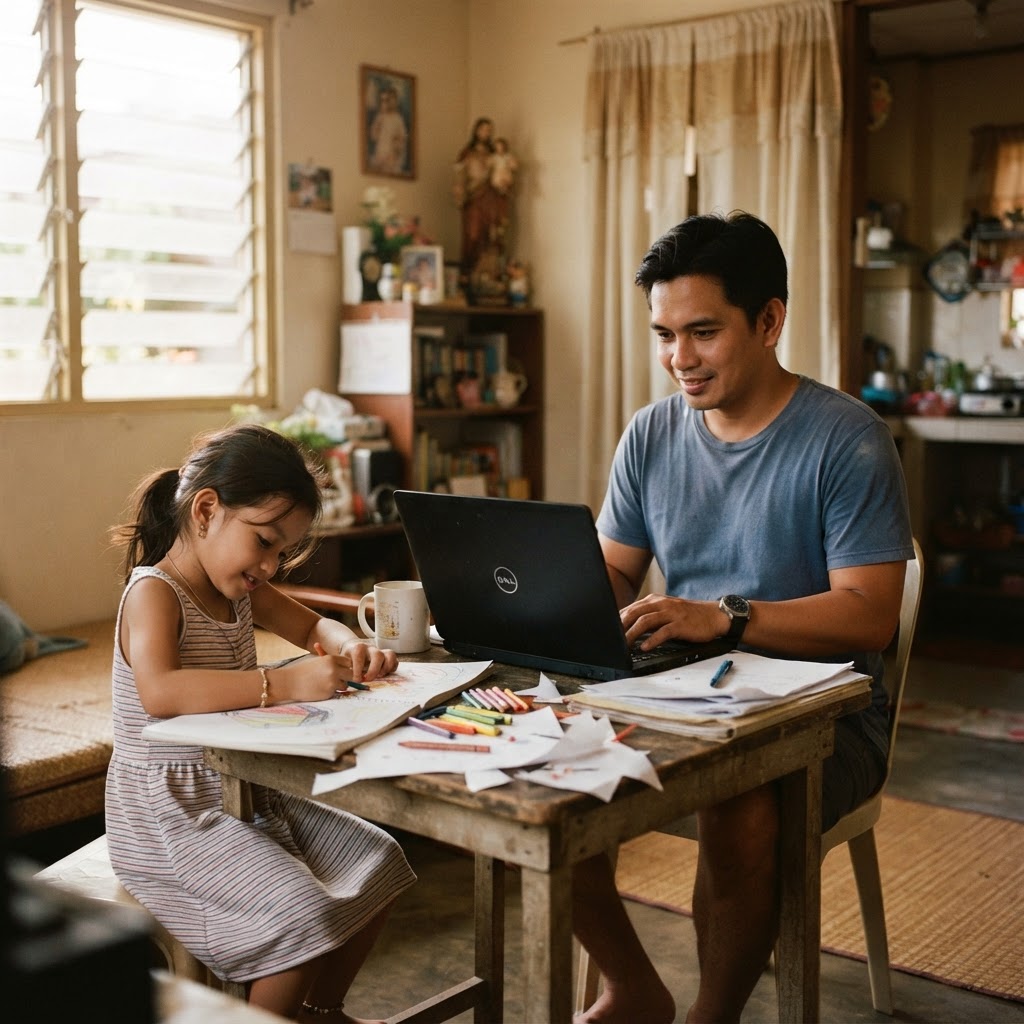 A parent working from home while spending time with family