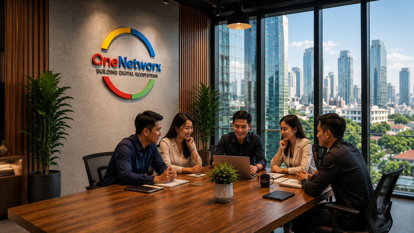 OneNetworx — team collaborating in a modern boardroom