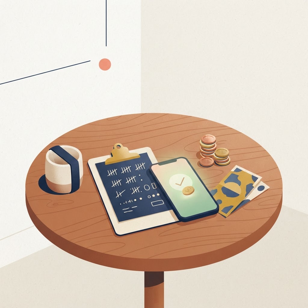 A flat editorial illustration of a small table with a handmade product, a tally sheet, and a phone glowing with a payment confirmation beside a modest stack of coins — proof of payment before building.