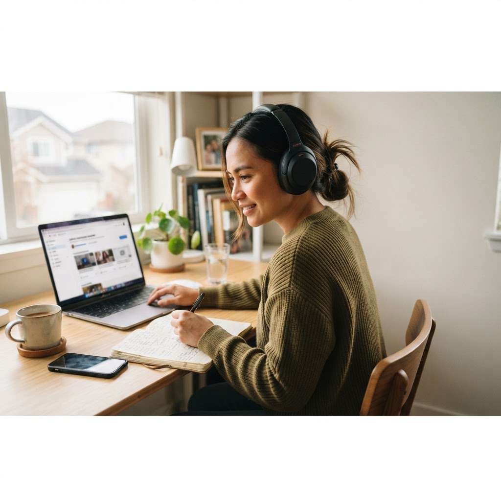 Filipino professional studying online at a home desk