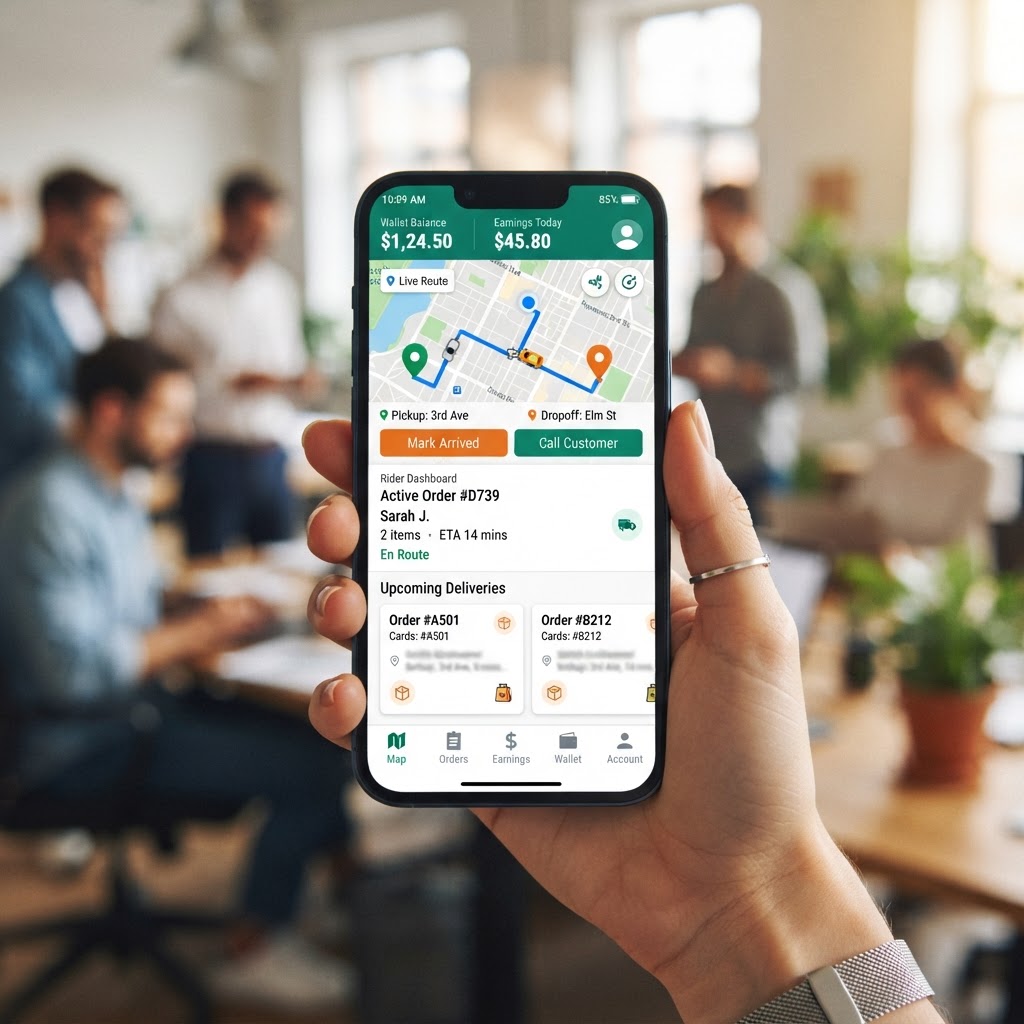 OK Delivery mobile app — orders, live map, rider dashboard, and wallet on a smartphone