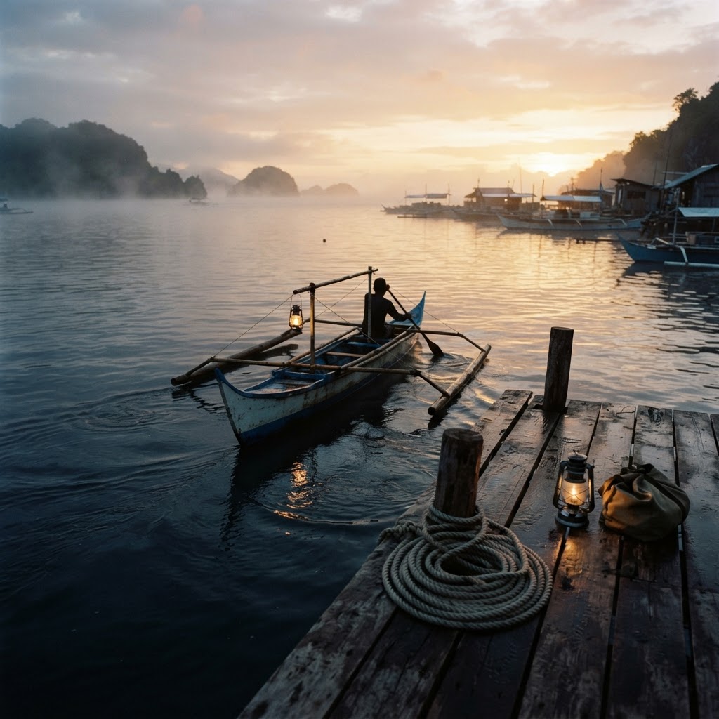 A calm harbor at dawn — a small outrigger boat with a lantern glides a short distance from the dock while a spare rope and lantern stay tied behind, a picture of calculated, survivable risk.