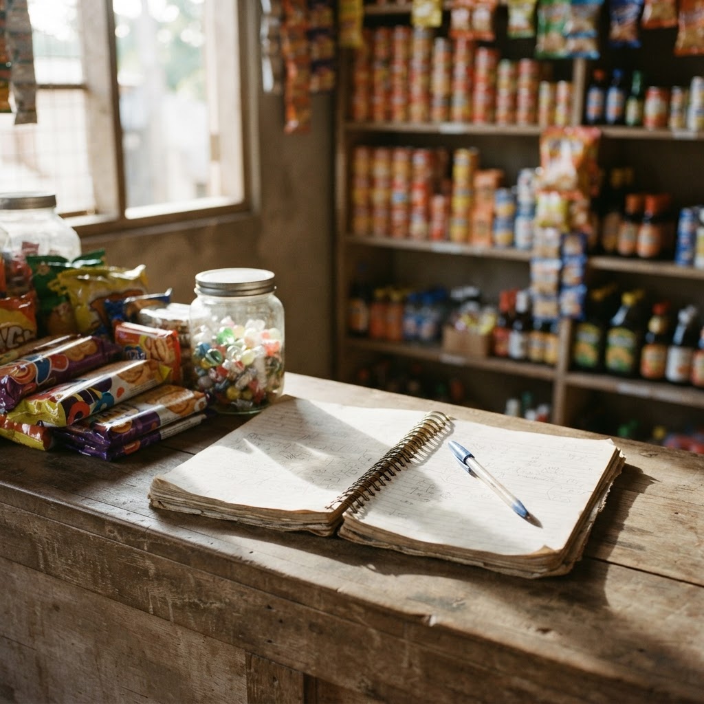 An open credit notebook resting on the counter of a small Filipino sari-sari store, surrounded by snacks and goods.