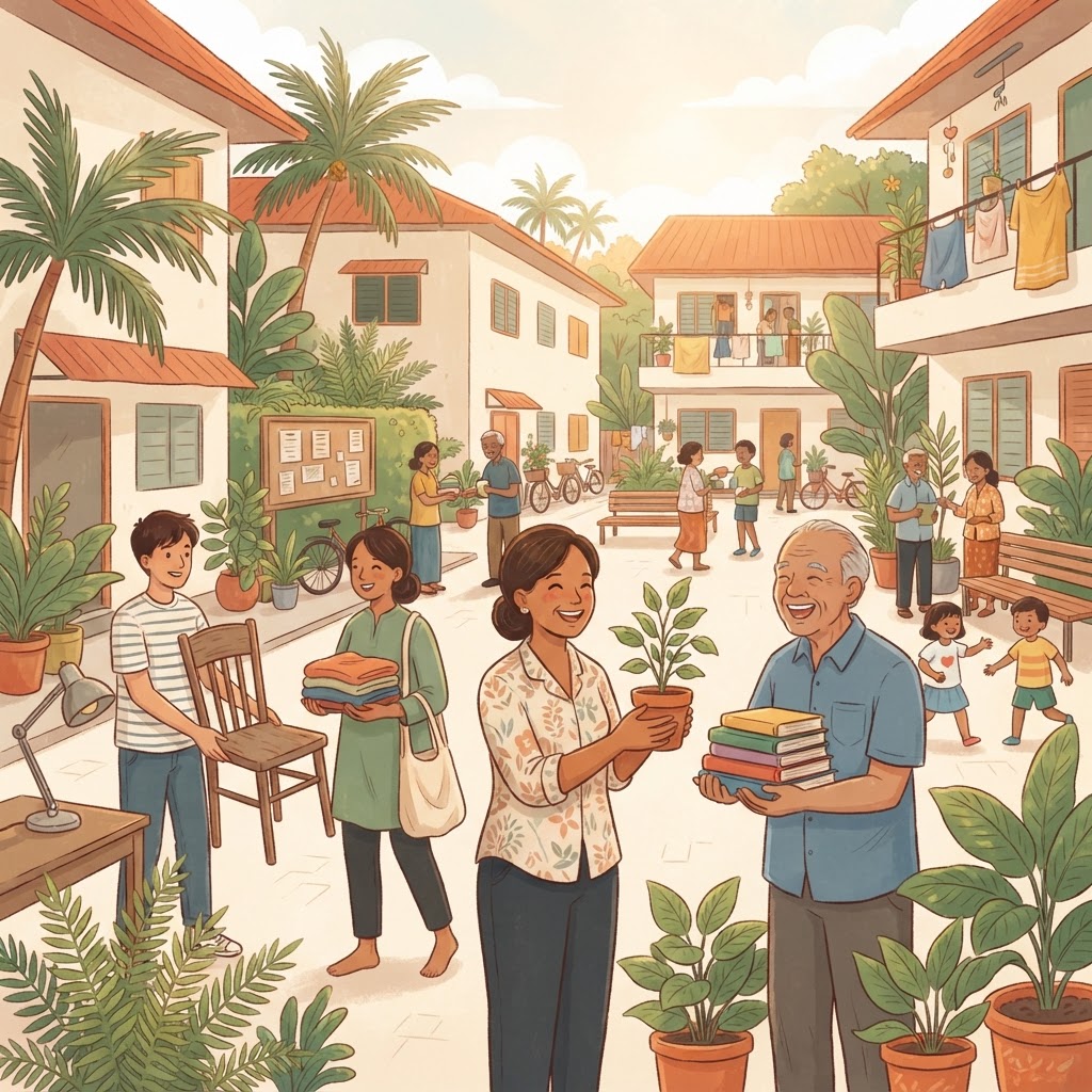 Neighbors exchanging items in a warm community courtyard