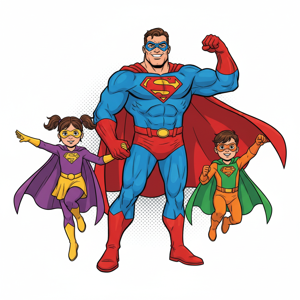 Superhero dad and two kids