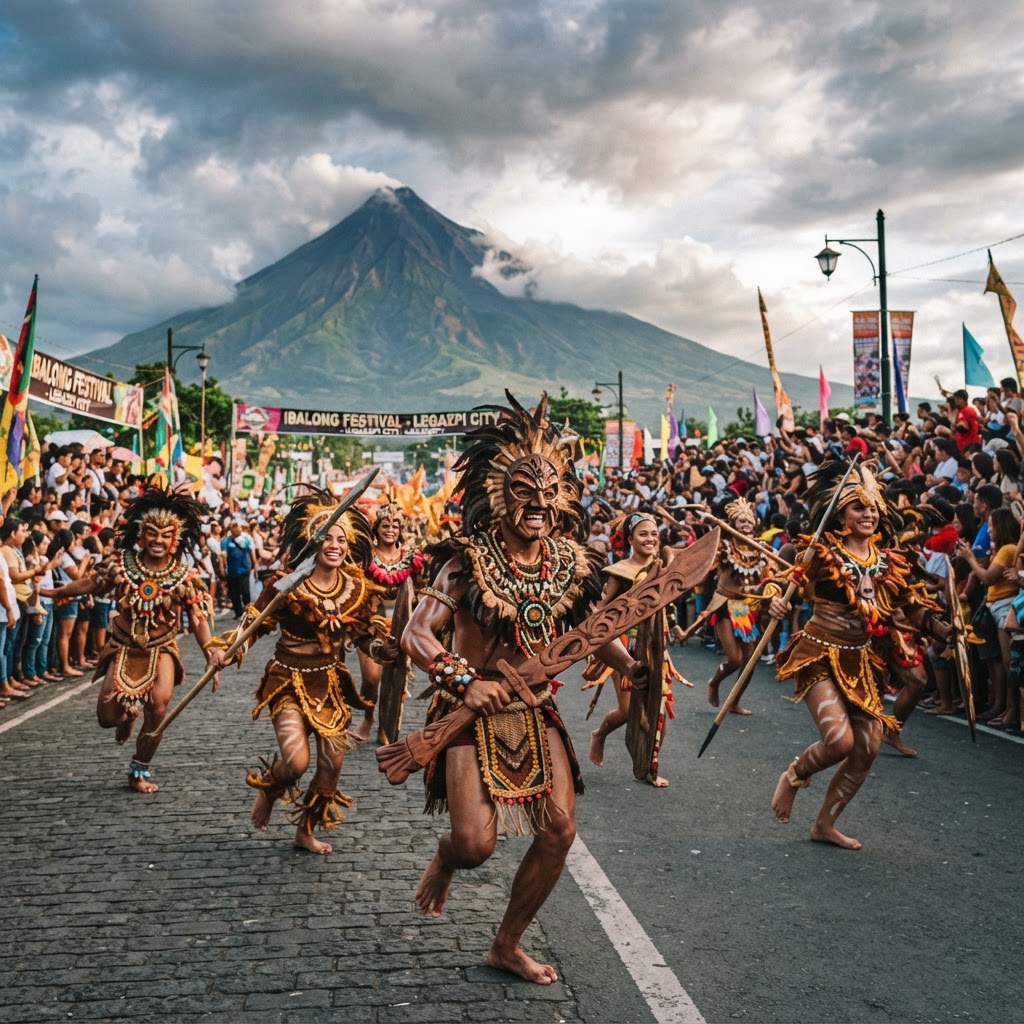Ibalong epic hero costumes in front of Mayon Volcano