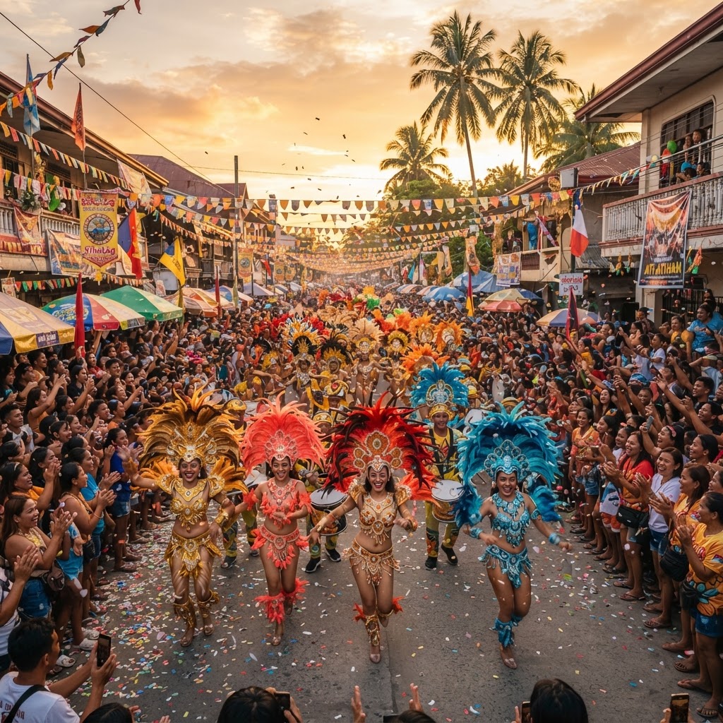 Filipino festival dancers in gold and coral costumes parading down a decorated street