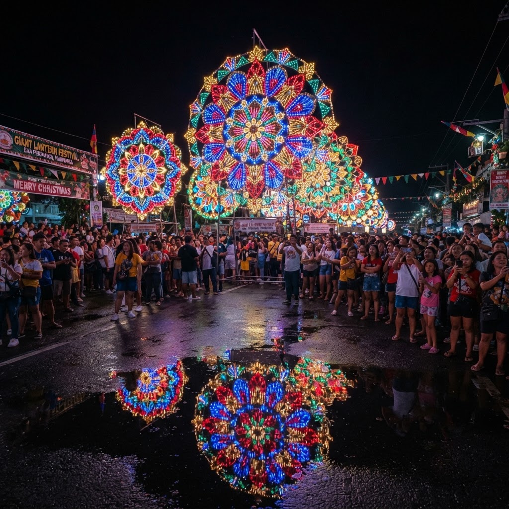 Giant glowing lanterns at night in San Fernando, Pampanga