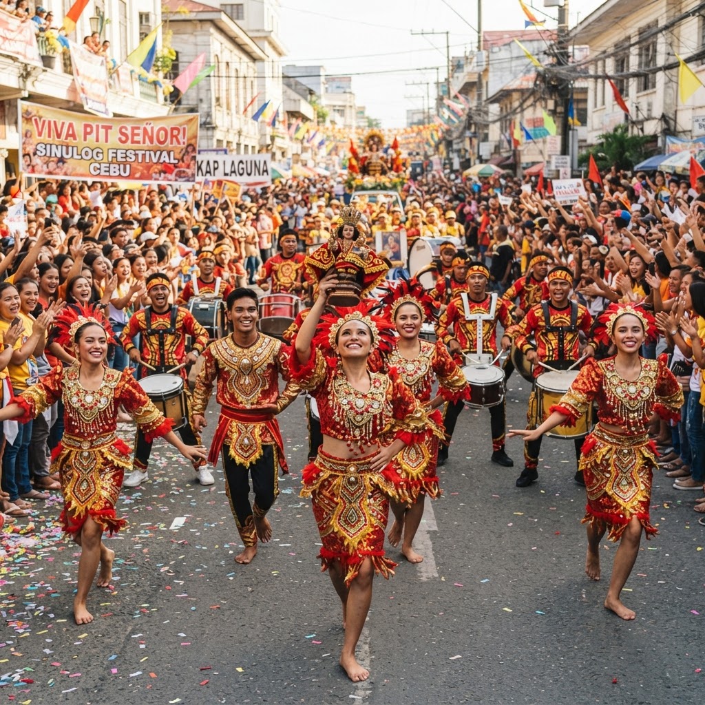 Sinulog dancers in red and gold costumes in Cebu City