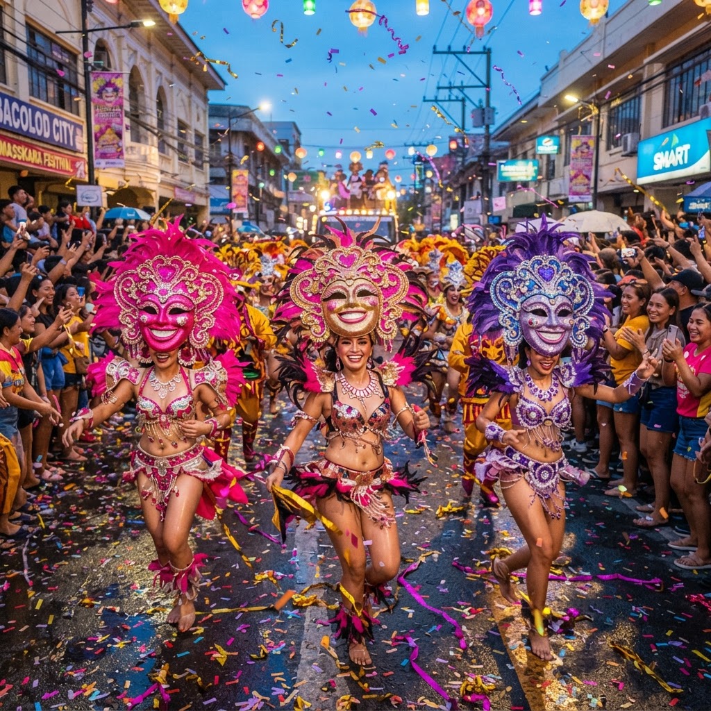MassKara dancers with smiling masks in Bacolod