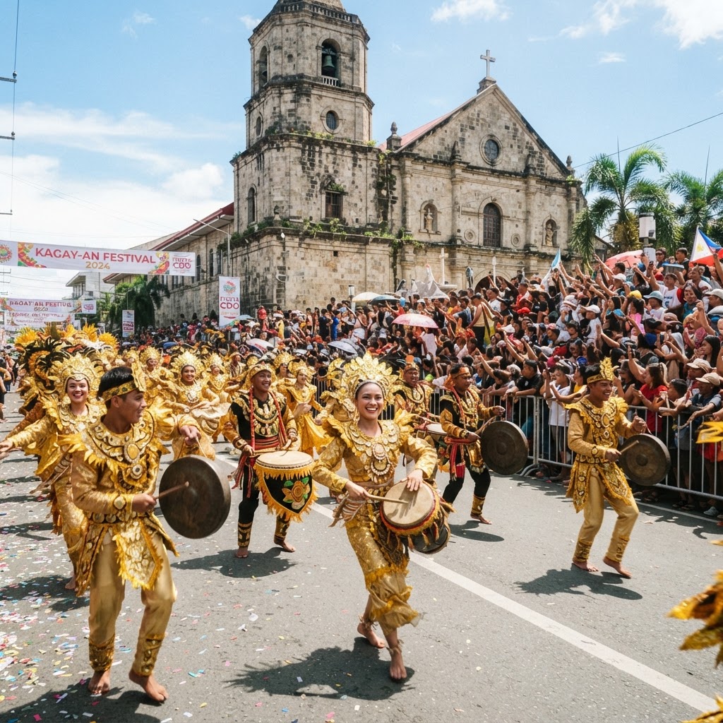 Kagay-an Festival dancers in gold costumes in CDO