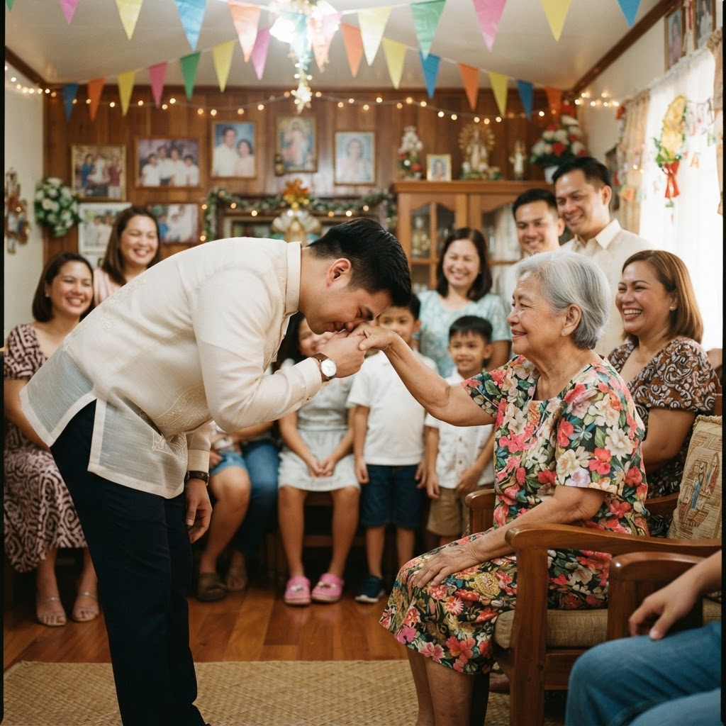 Mano po — a young Filipino taking an elder's hand in respect