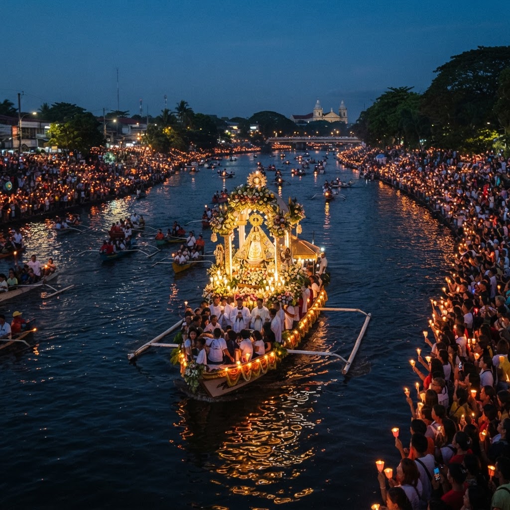 Peñafrancia fluvial procession on the Naga River at dusk