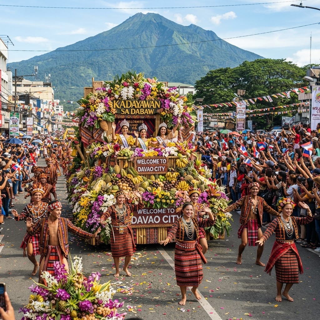 Kadayawan flower floats and tribal dancers in Davao