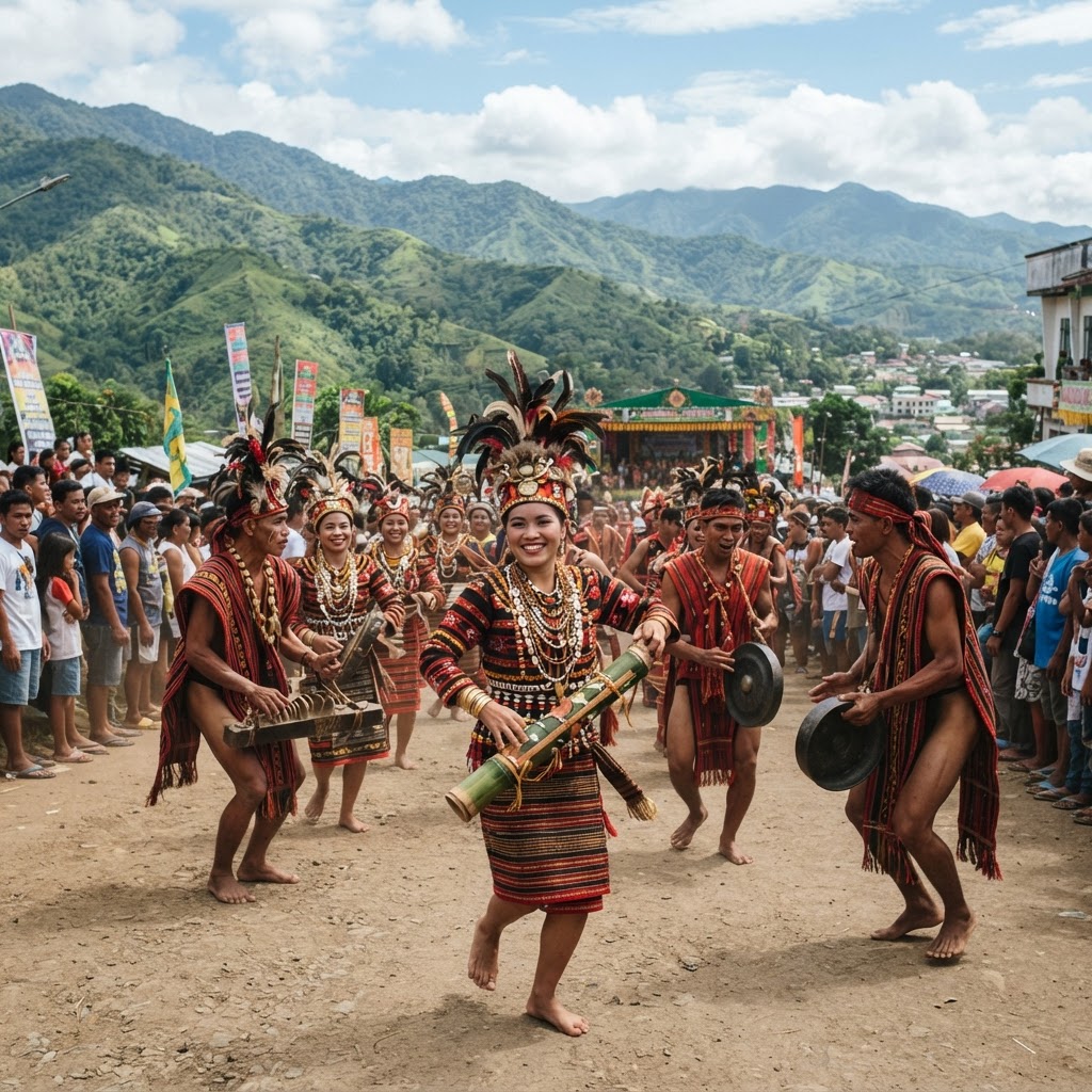 Kaamulan tribal dancers in woven regalia in Bukidnon