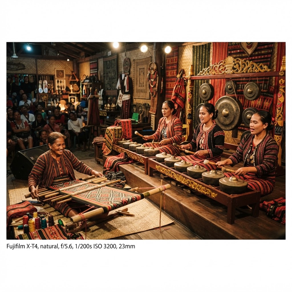 Kulintang musicians and a traditional weaver at work