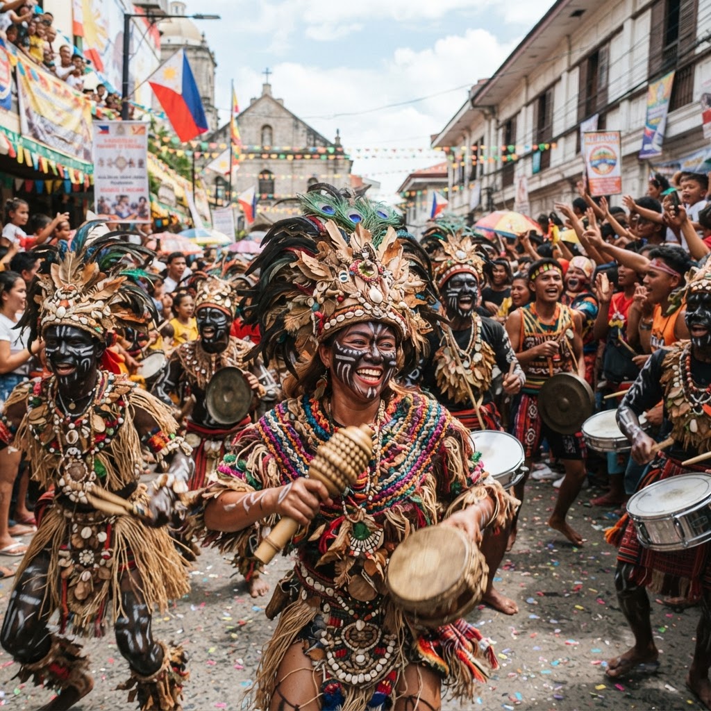 Ati-Atihan revelers with soot-painted faces in Kalibo