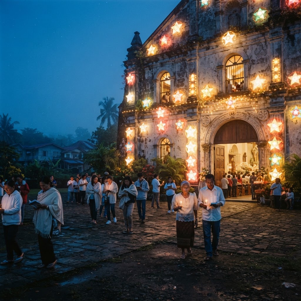 Church at dawn with parol lanterns during Simbang Gabi