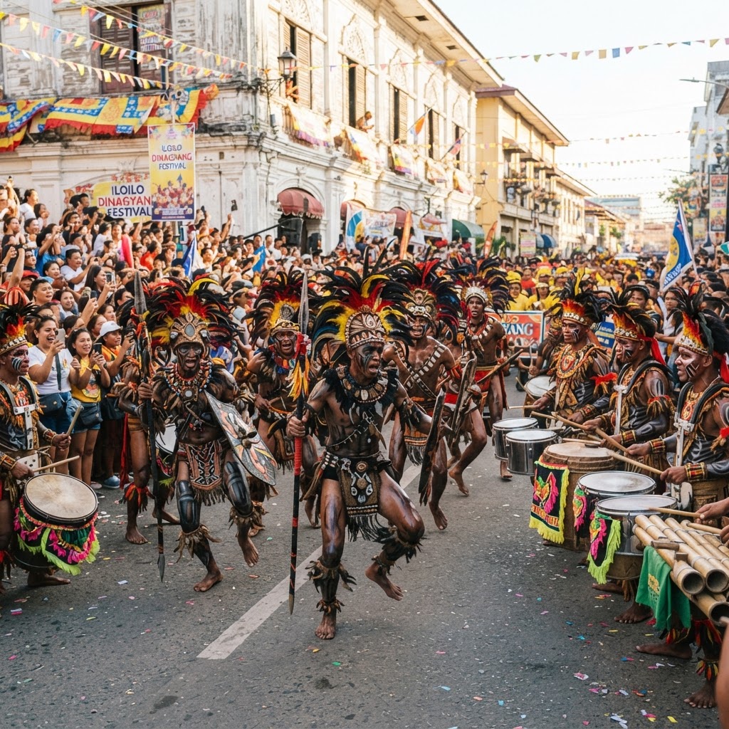 Dinagyang performers in feathered warrior costumes in Iloilo City