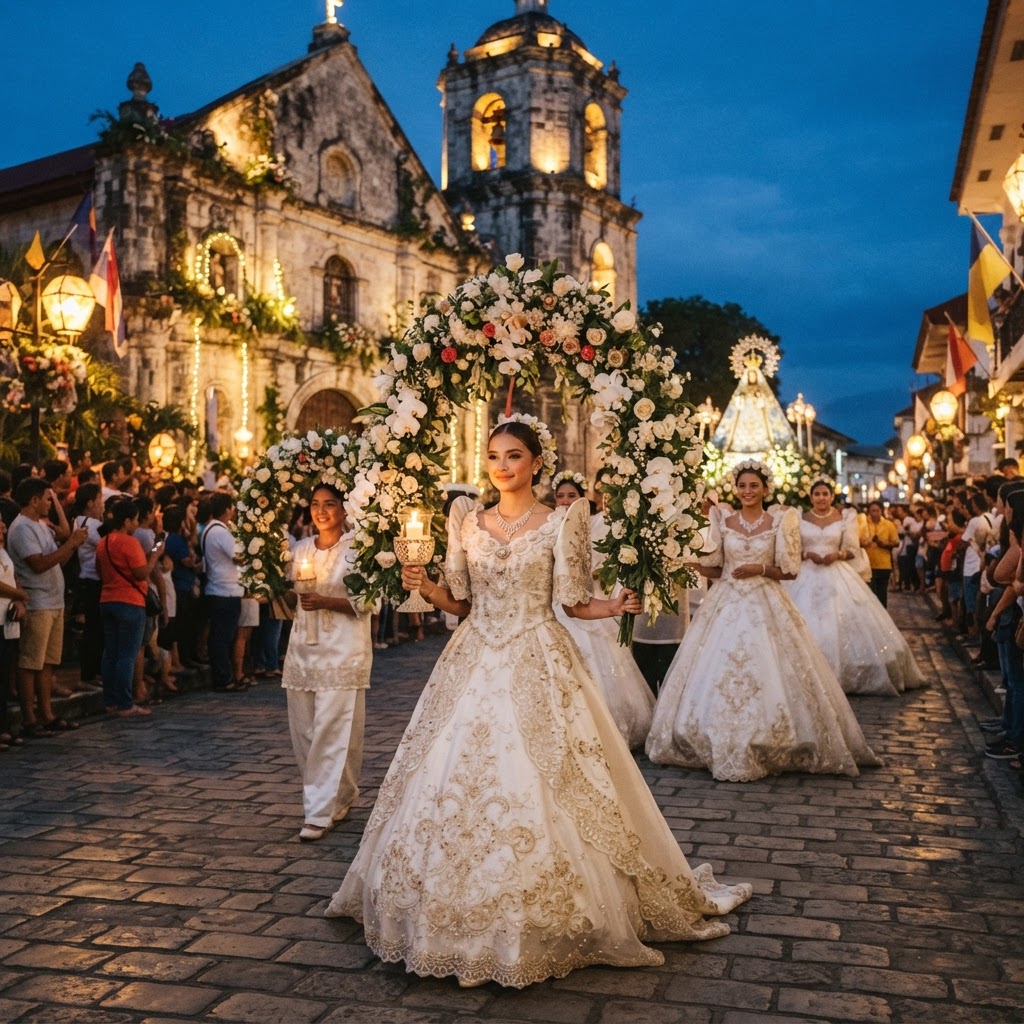 Santacruzan procession of women in white gowns at dusk