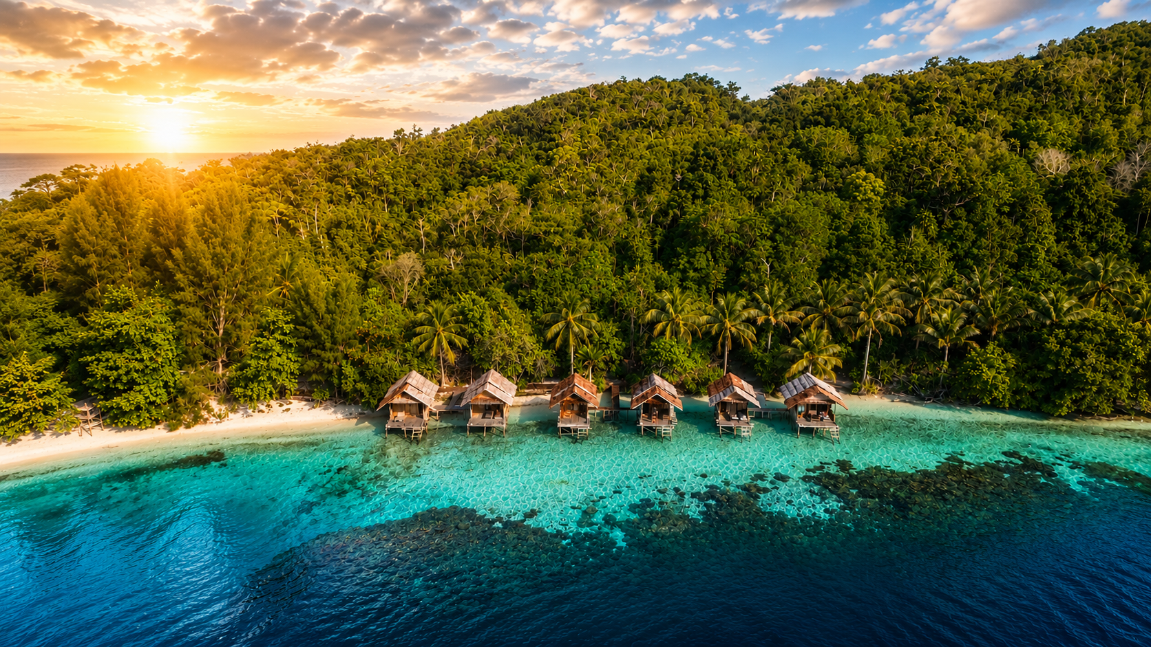 Aerial view of Raja Ampat turquoise waters and overwater bungalows at golden hour