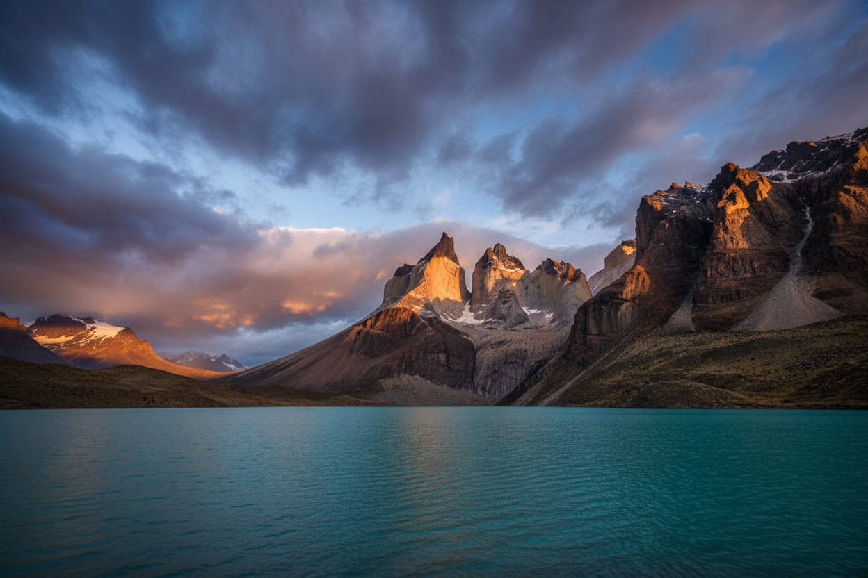 Torres del Paine granite towers at sunrise in Patagonia