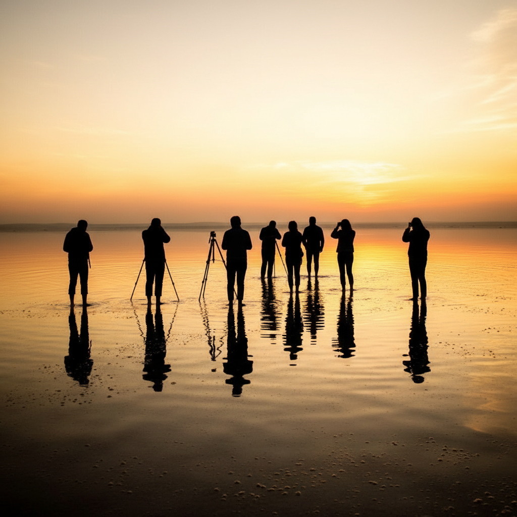 Grupo fotografiando atardecer en la playa