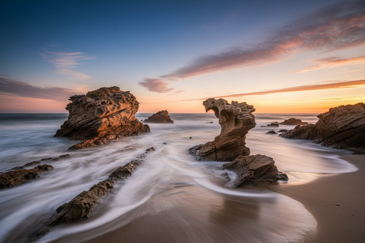 Eroded rock formations on Cantabrian coast of Spain at sunset