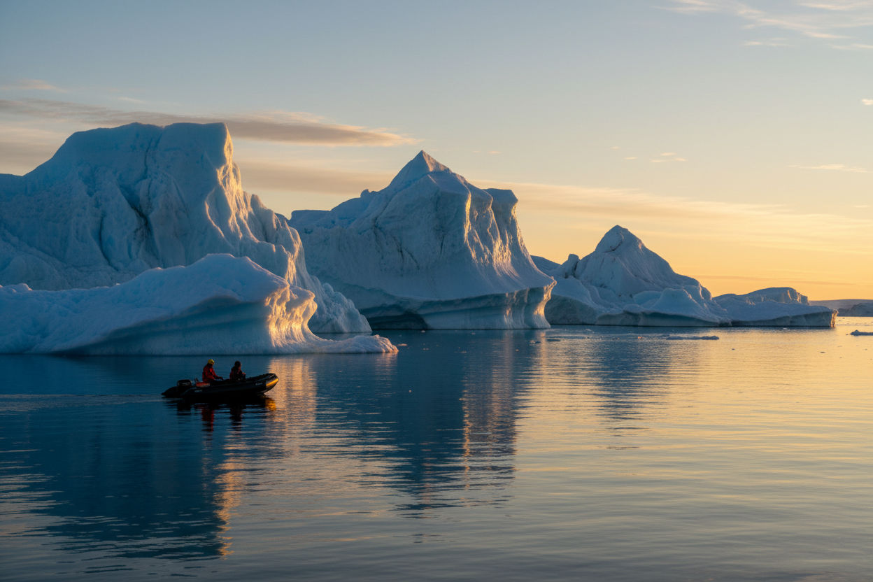 Massive icebergs in Greenland at midnight sun