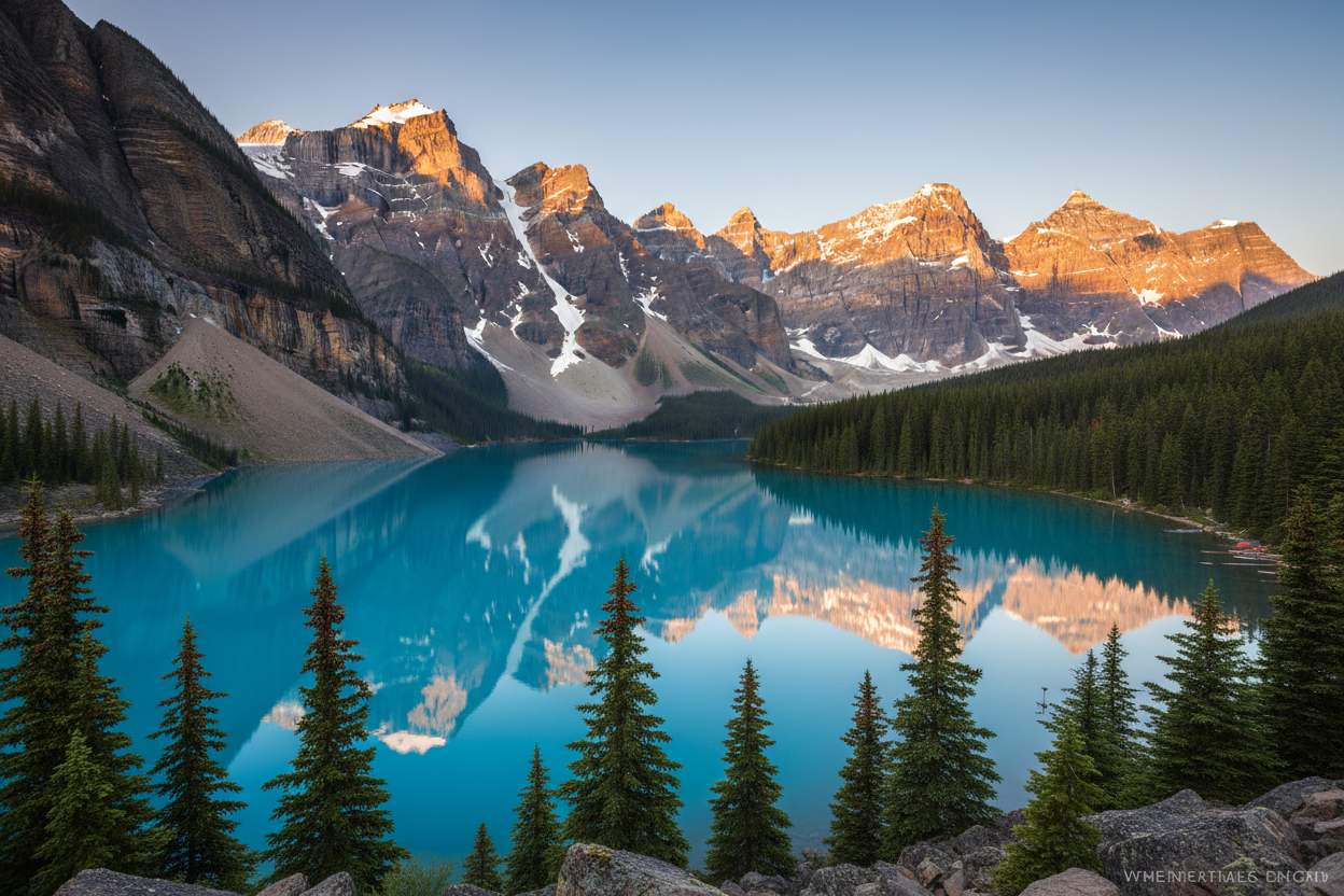 Turquoise glacial lake in Canadian Rocky Mountains at sunrise