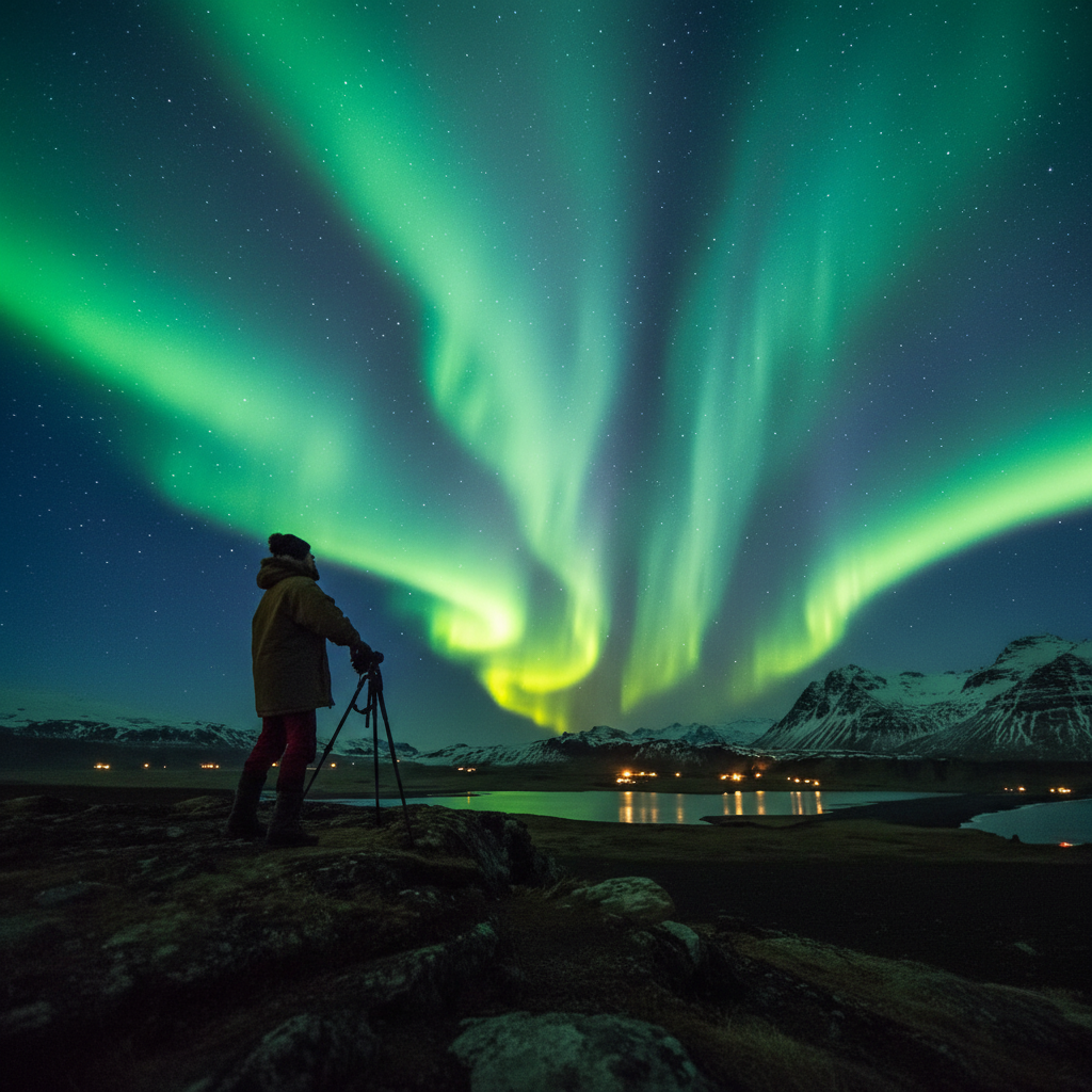 Fotógrafo con aurora boreal