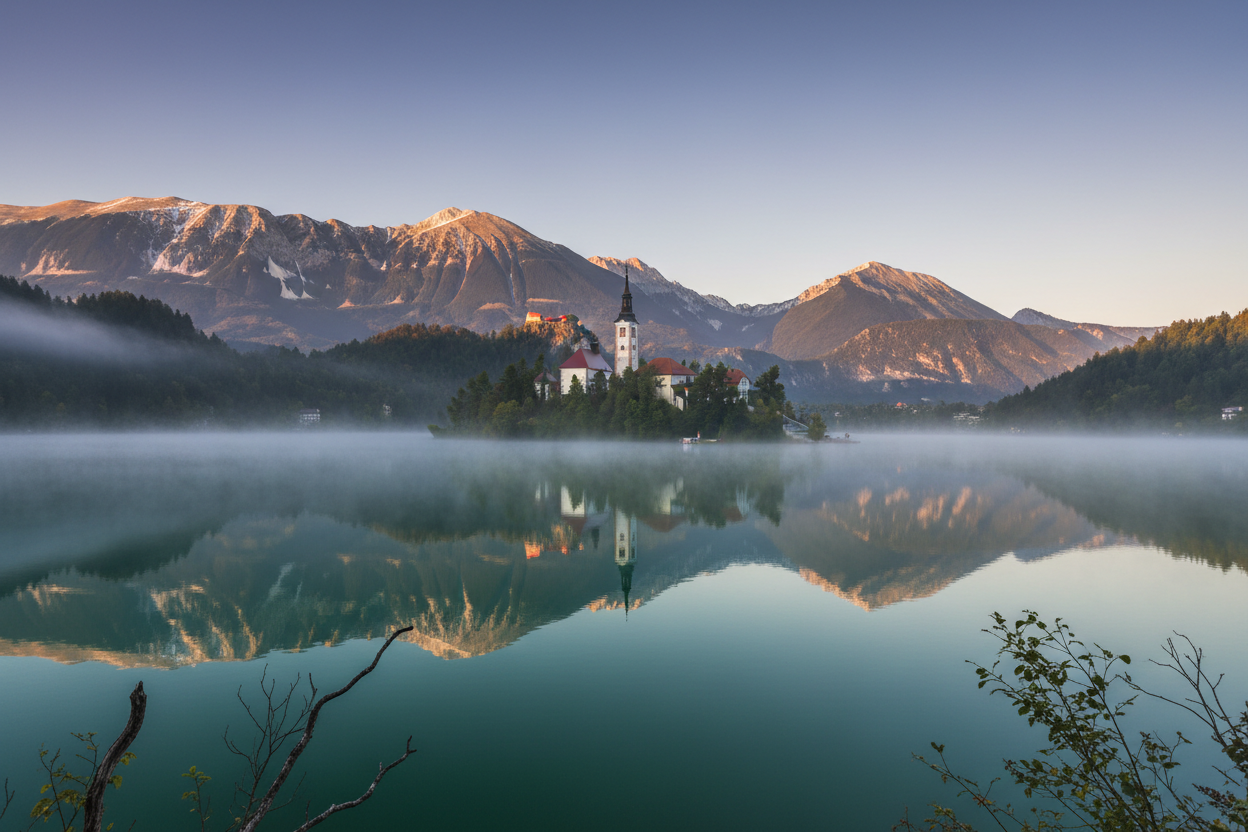 Lake Bled with island church and Julian Alps at dawn