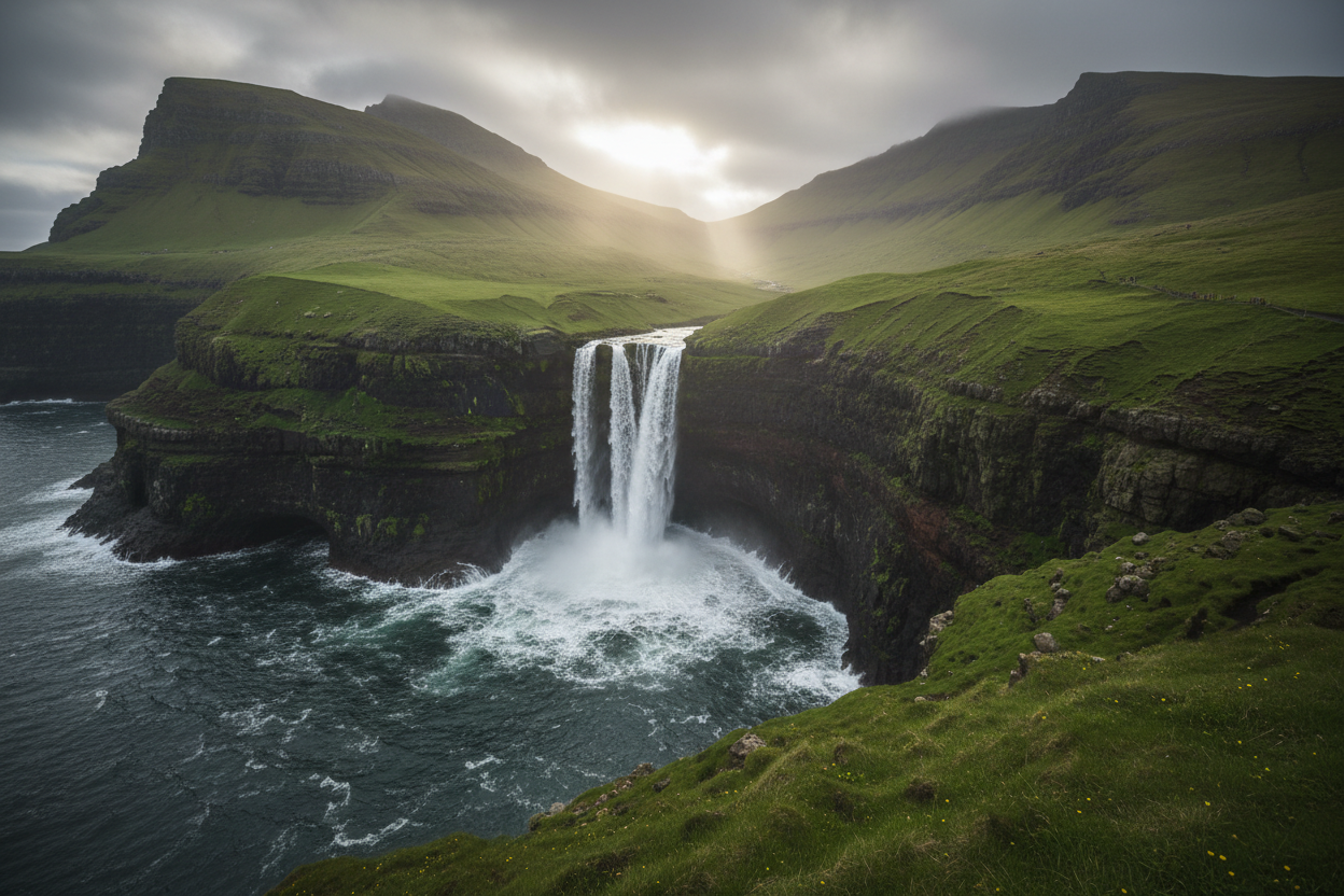 Dramatic green cliffs and waterfall on Faroe Islands
