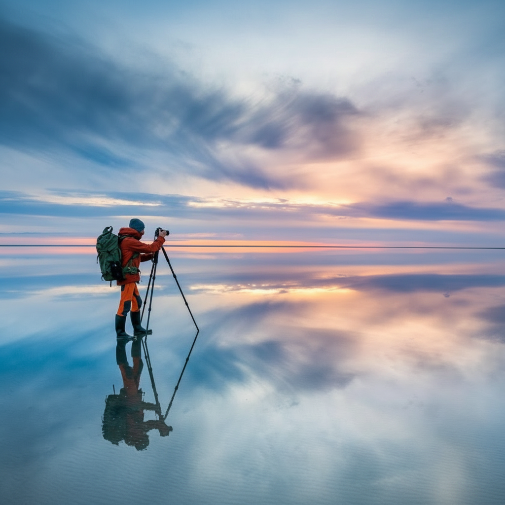 Fotógrafo con trípode en salinas al amanecer