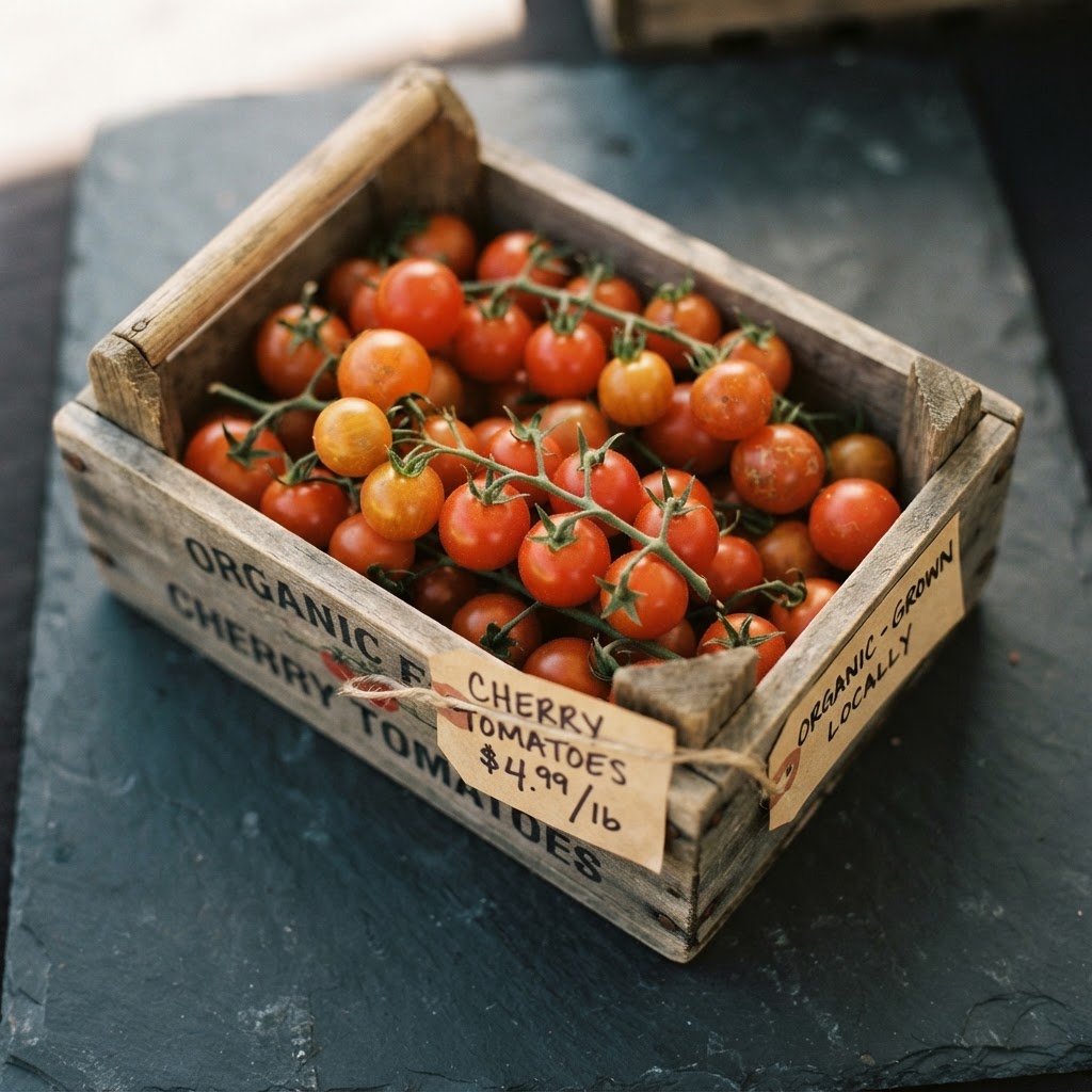 Macro close-up of a small wooden produce crate with price tags on dark slate