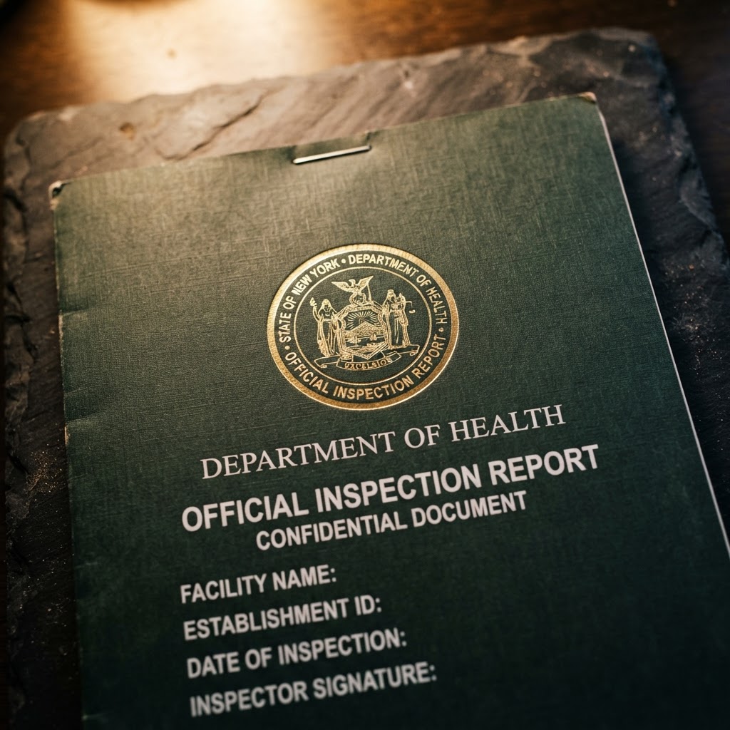 Macro close-up of a state health inspection report folder on dark slate