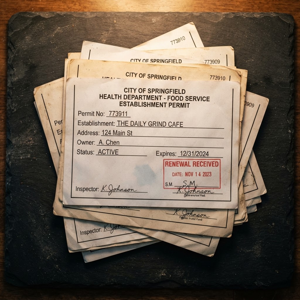 Macro close-up of stacked food service permit documents with date stamp on dark slate