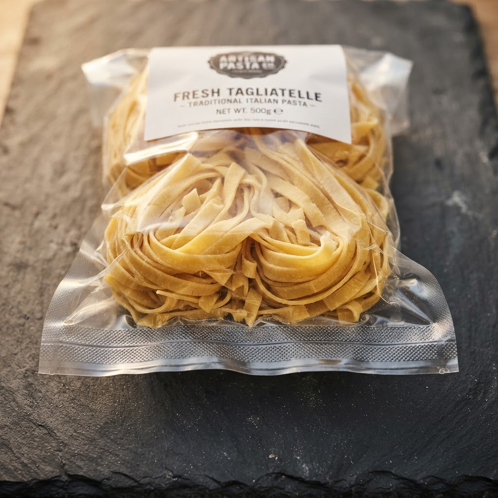 Macro close-up of a vacuum-sealed fresh pasta bag on dark slate