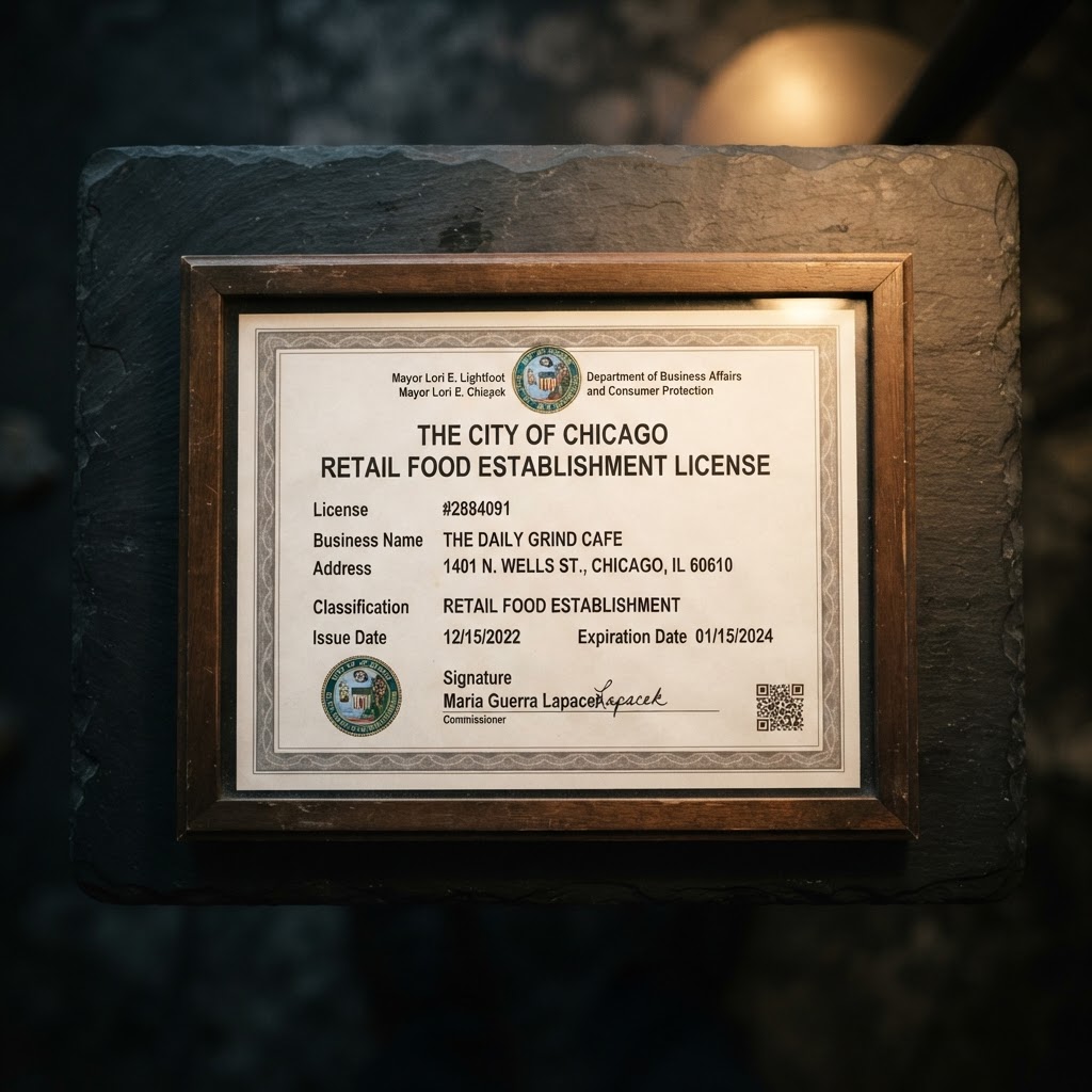 Macro close-up of a Chicago retail food license certificate on dark slate