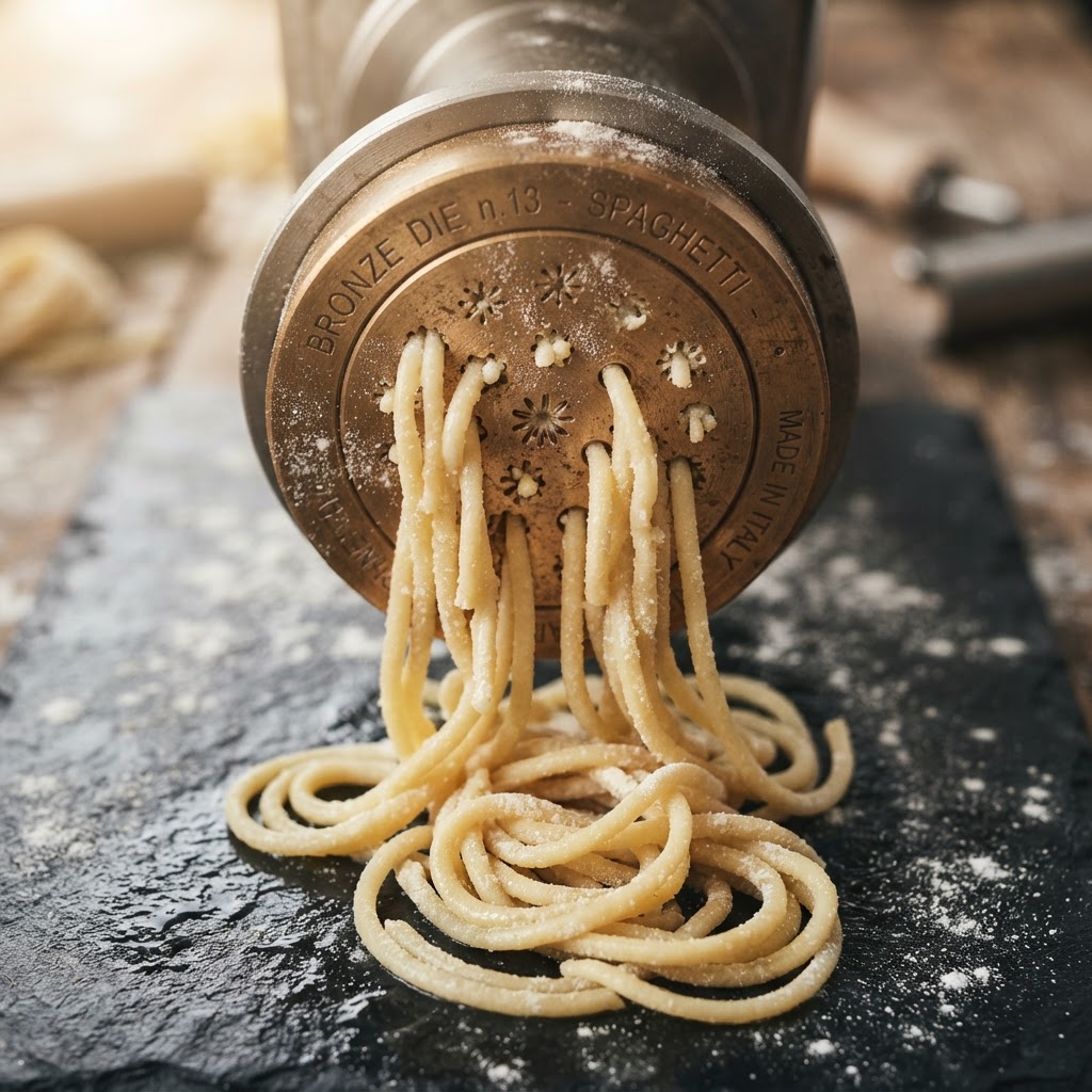 Macro close-up of a bronze pasta extruder die with fresh pasta on dark slate
