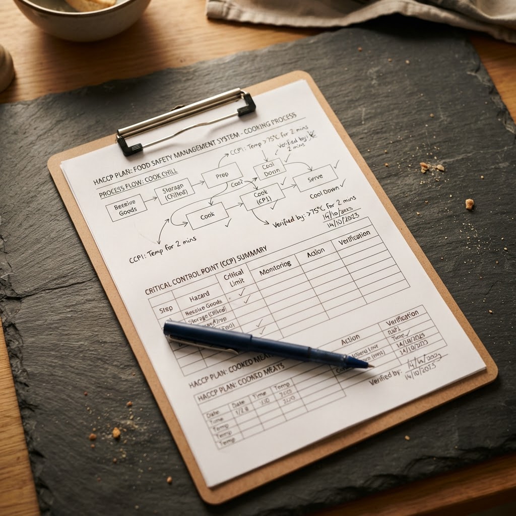 Macro close-up of a HACCP plan clipboard with flow charts on dark slate