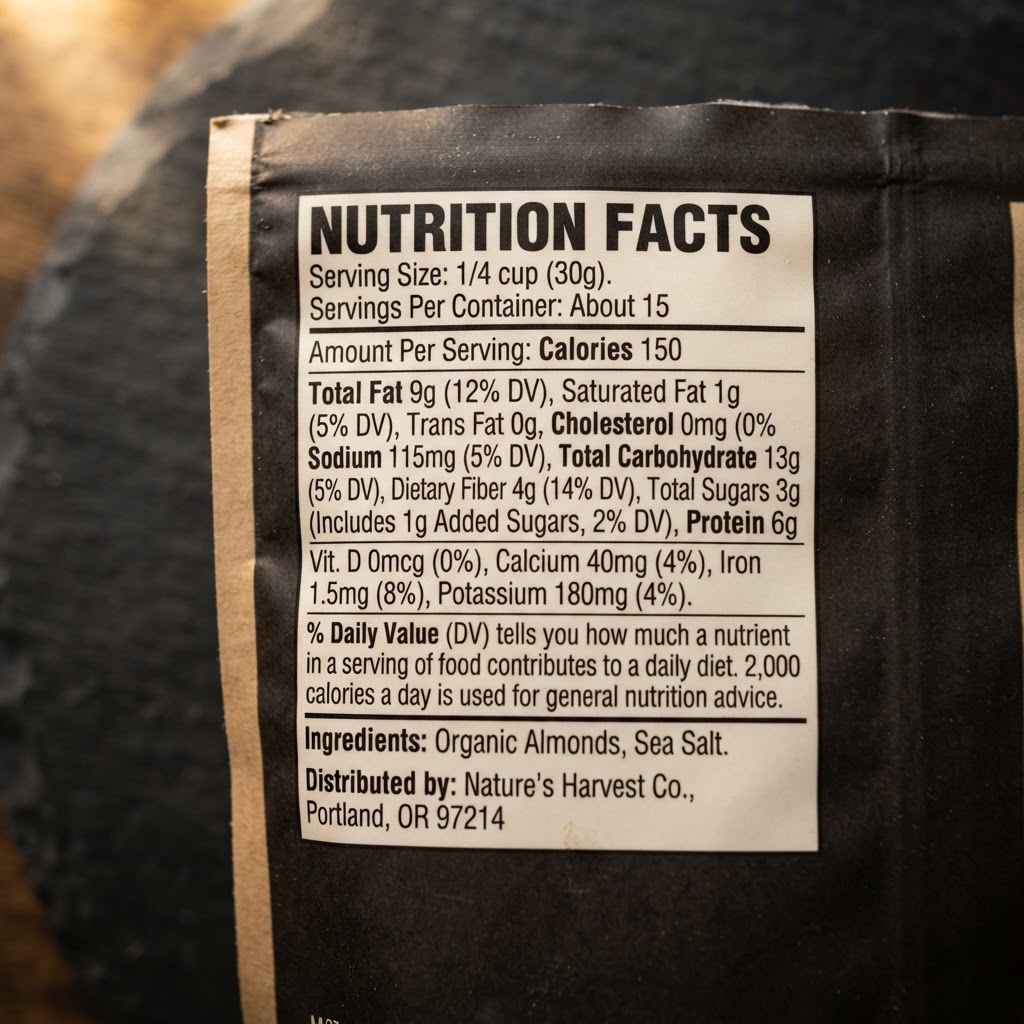 Macro close-up of a printed nutrition facts label on dark slate
