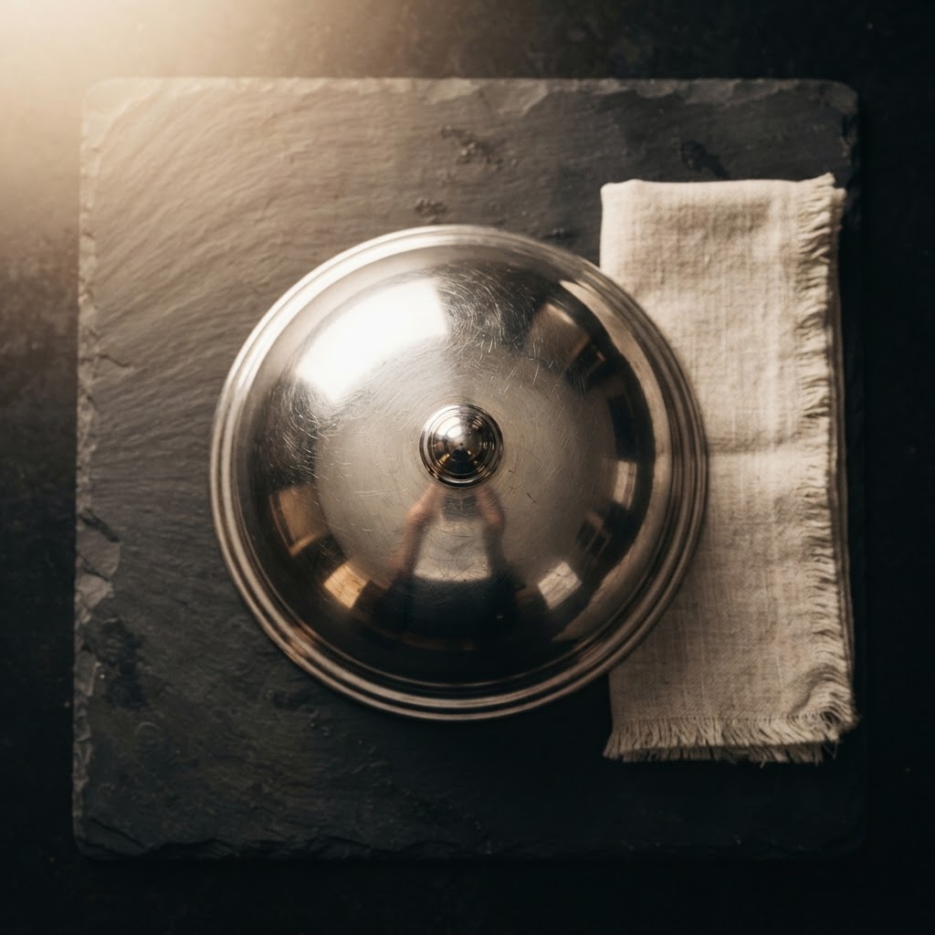 Macro close-up of a polished silver cloche dome on dark slate