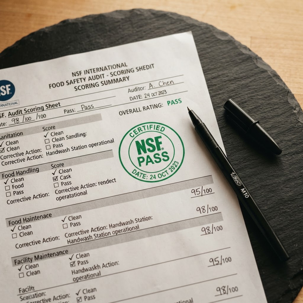 Macro close-up of an NSF audit scoring sheet with pass stamp on dark slate