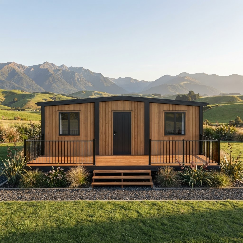 Expandia one- or two-bedroom home with timber cladding and covered deck