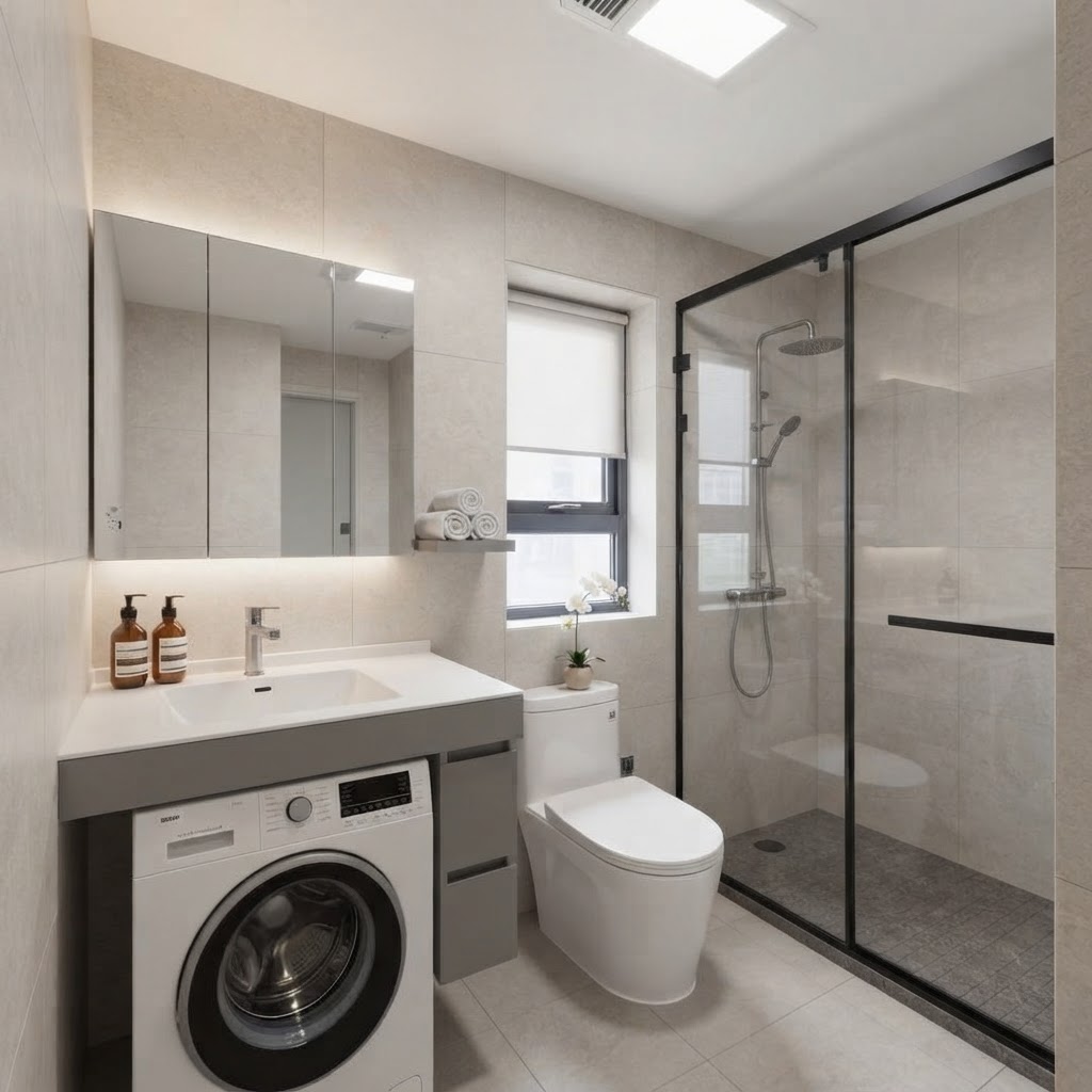 Finished bathroom with walk-in shower